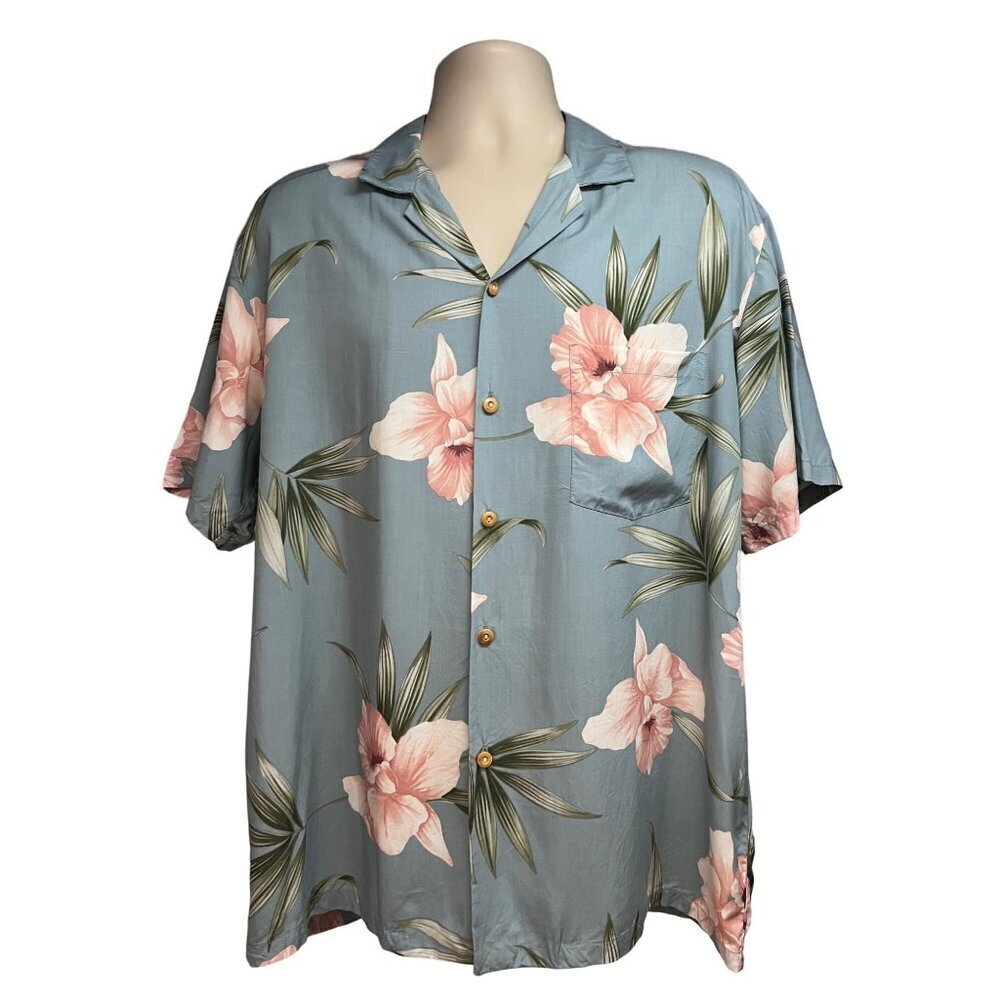 Vintage Paradise Found Blue Floral Hawaiian Button Up Shirt Large Pocket Usa